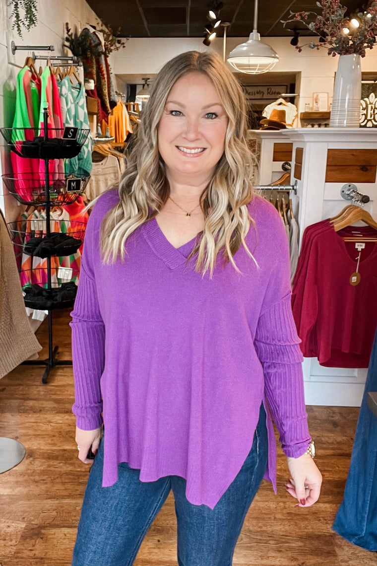 The Kyla Ribbed Sweater - Heather Violet